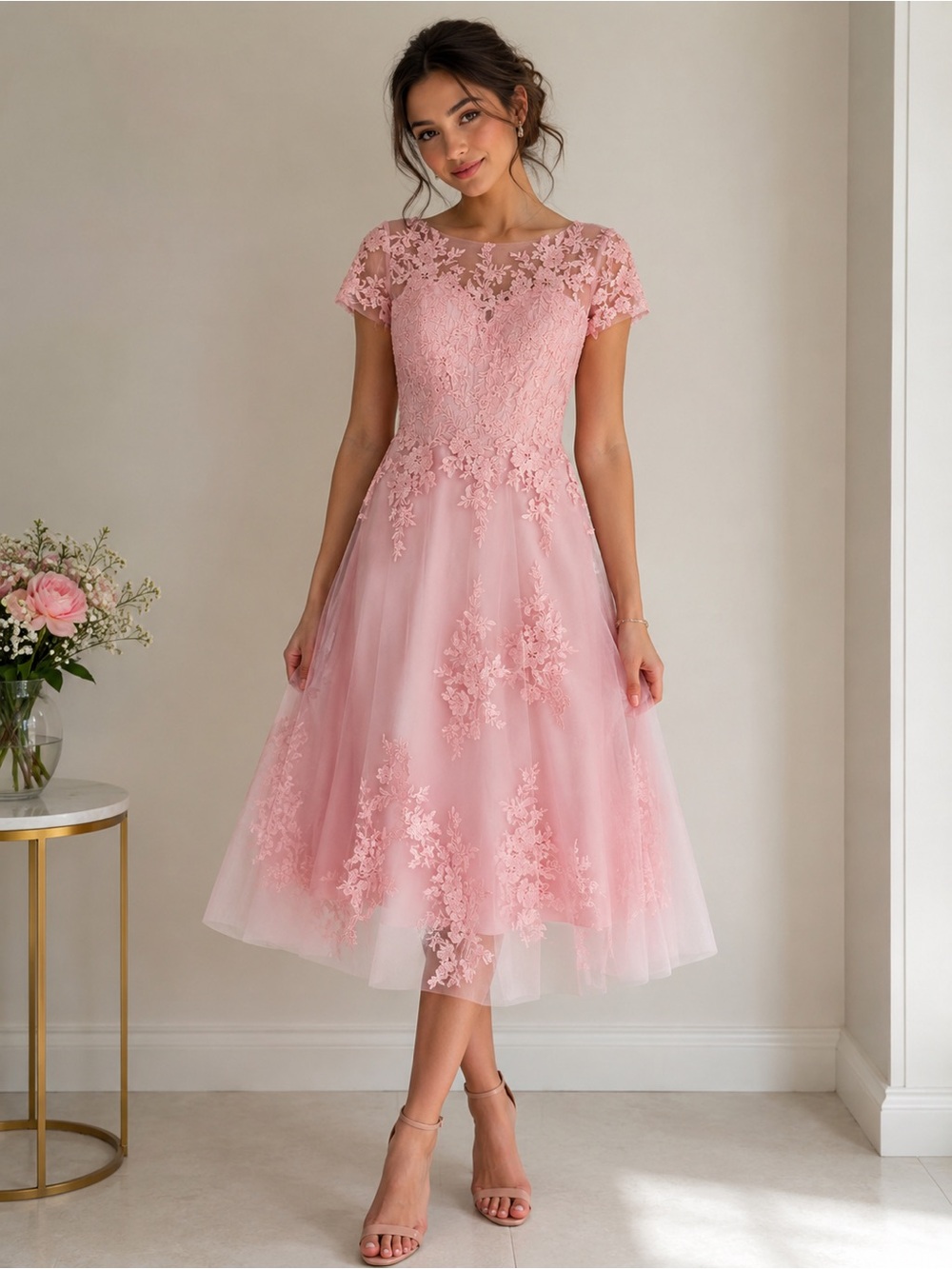 Blush Pink Lace Midi Dress with Floral Appliqué